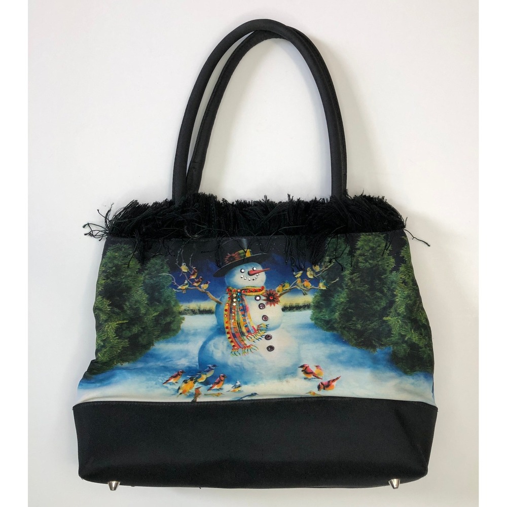 Unbranded Snowman Tote/Hand/Shoulder Bag Women OS Black Fringe Gingham Holiday
